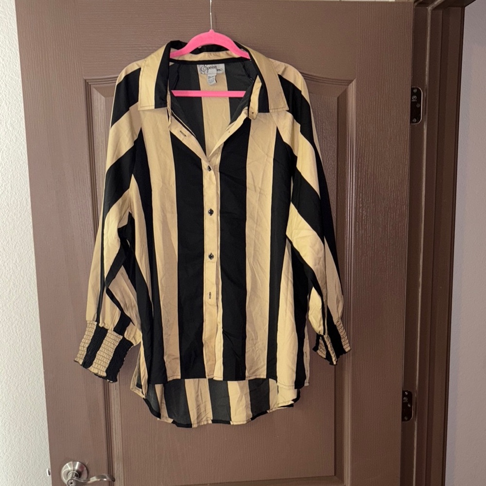 Black and Tan Striped Button-Up Shirt